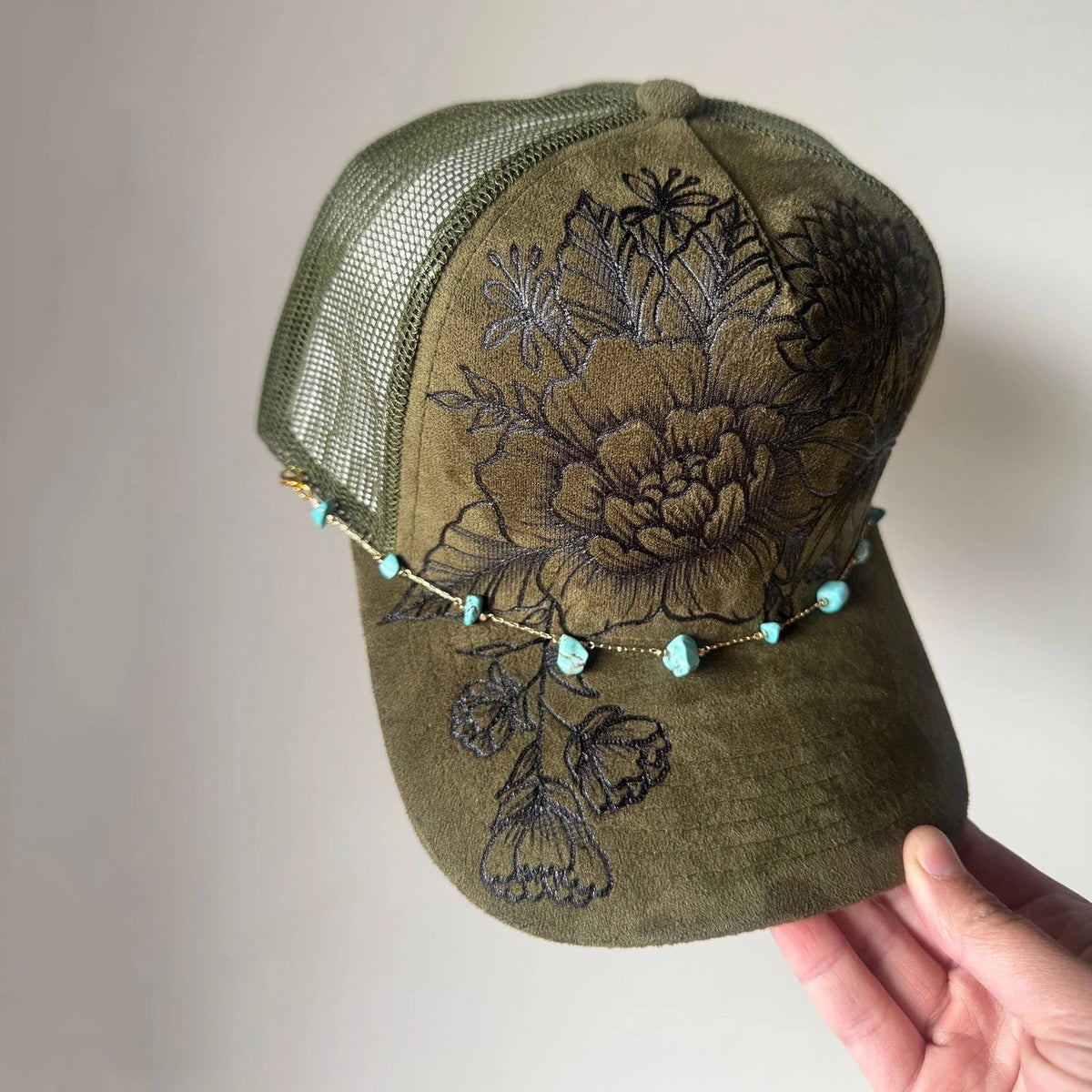 🌸Flower Patch Burned Suede Trucker Hat with Dainty Turquoise Stone Chain