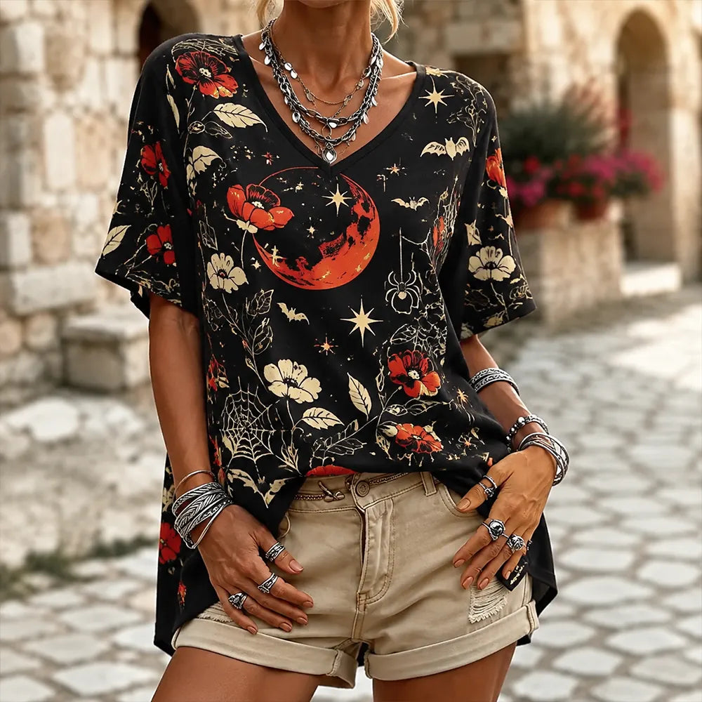 Women's Casual Short Sleeve V-neck T-shirt With Gothic Red Moon, Spiderweb, And Floral Print