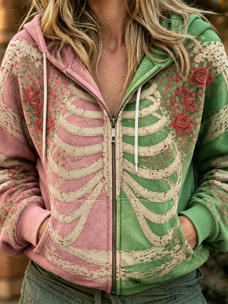 Women's Retro Halloween Human Structure Art Gradient Pattern Zipper Hoodie