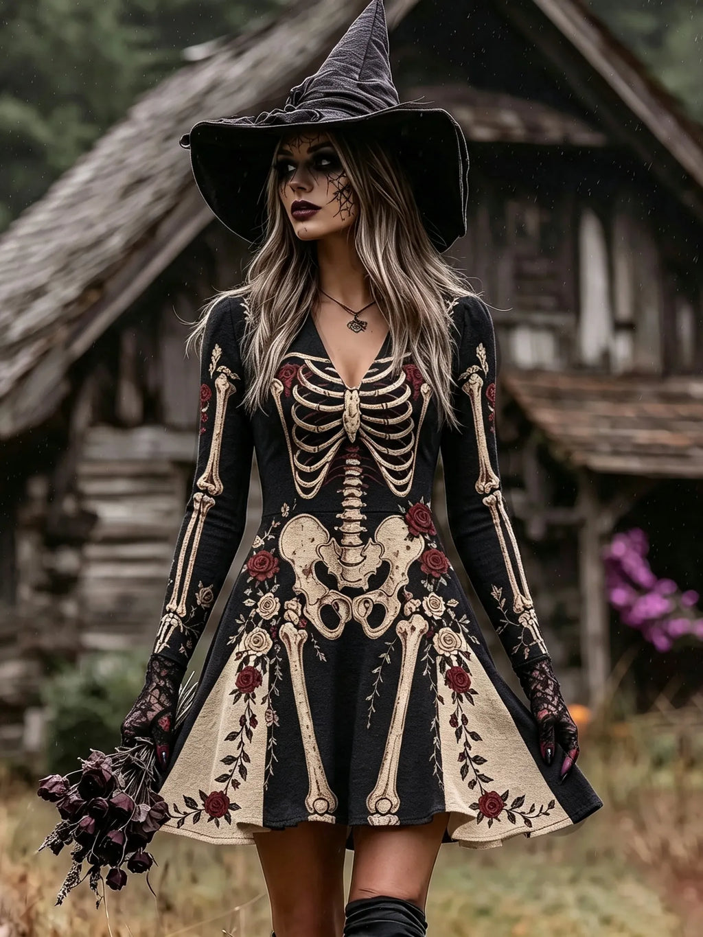 Women's Vintage Halloween Gothic Skeleton Roses Art Print Linen Mini Dress