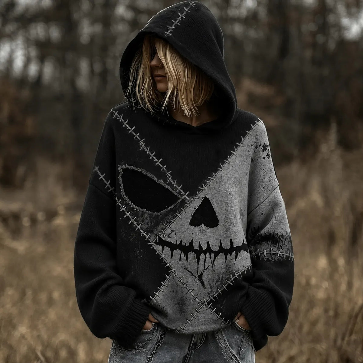 Women's Retro Halloween Scary Face Print Casual Warm Hooded Sweater