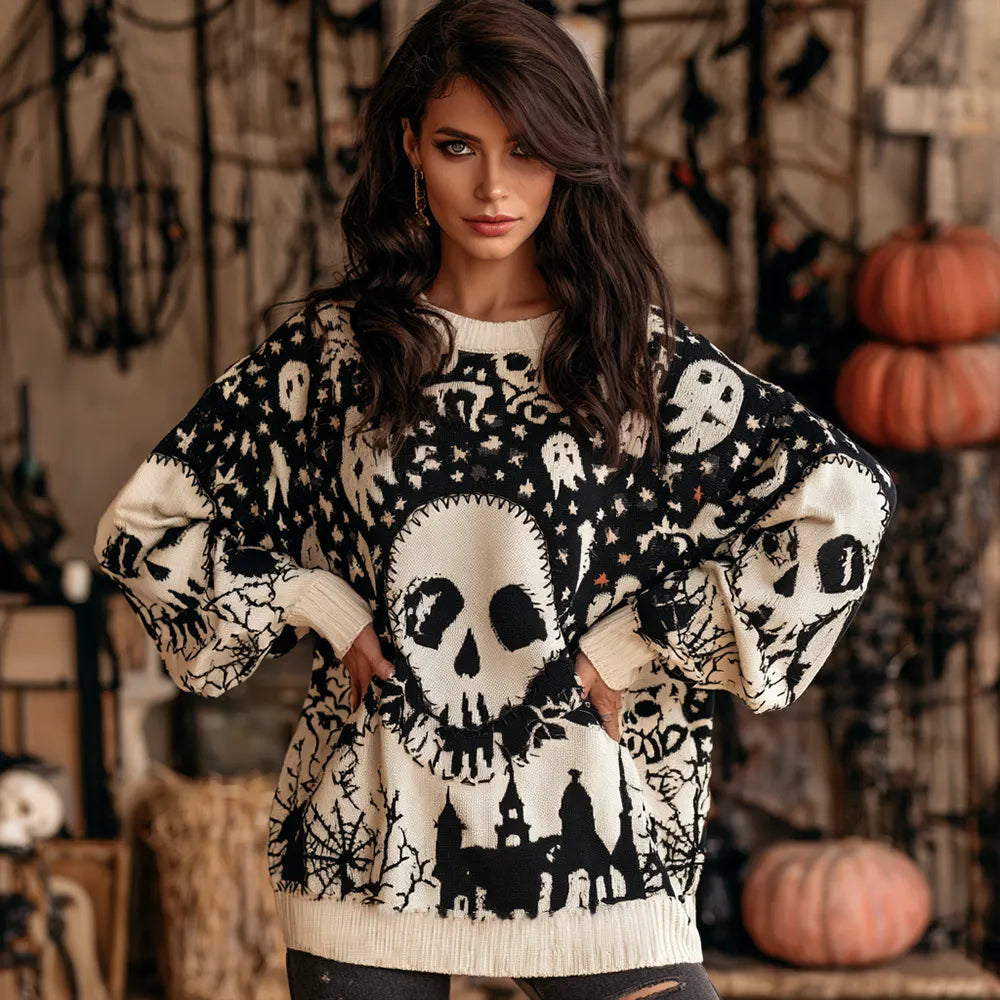 Women's Halloween Skull And Castle Art Knit Casual Crewneck Sweater