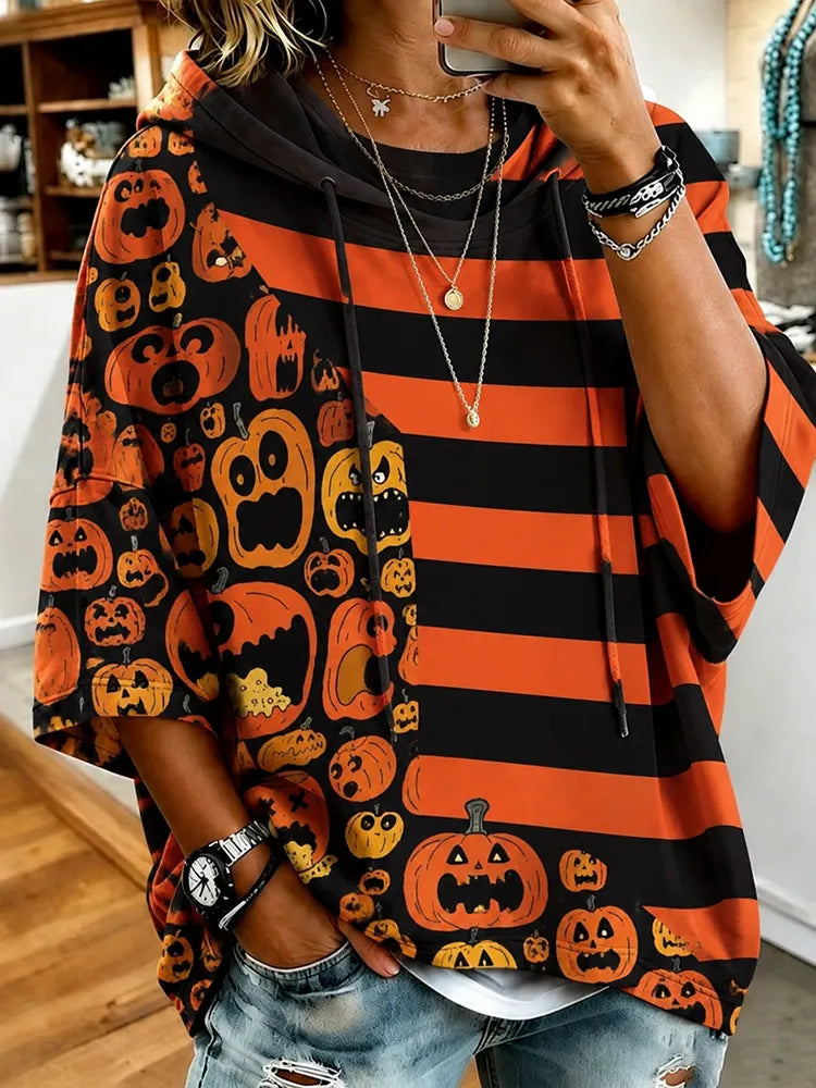 Women's Halloween Horror Pumpkin Face Color Block Striped Art Print Hoodie