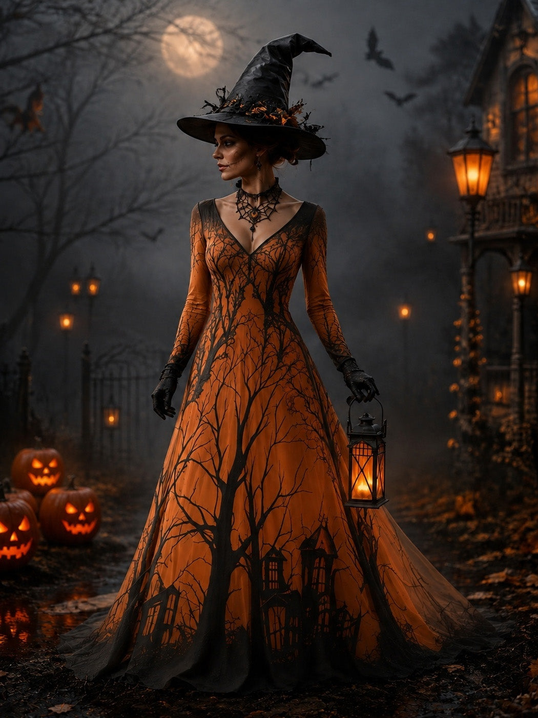 Women's Halloween Gradient Treehouse Print  V-neck Maxi Dress