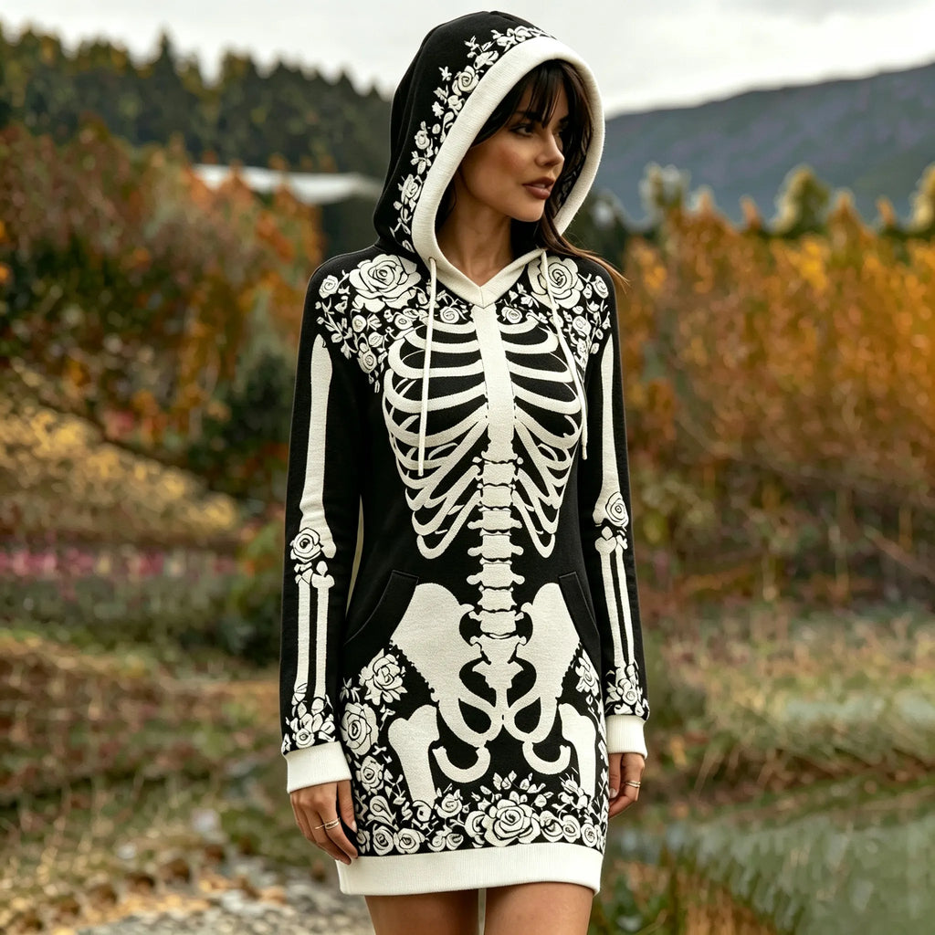 Women's Vintage Halloween Skeleton Bones With White Rose Art Hoodie Dress