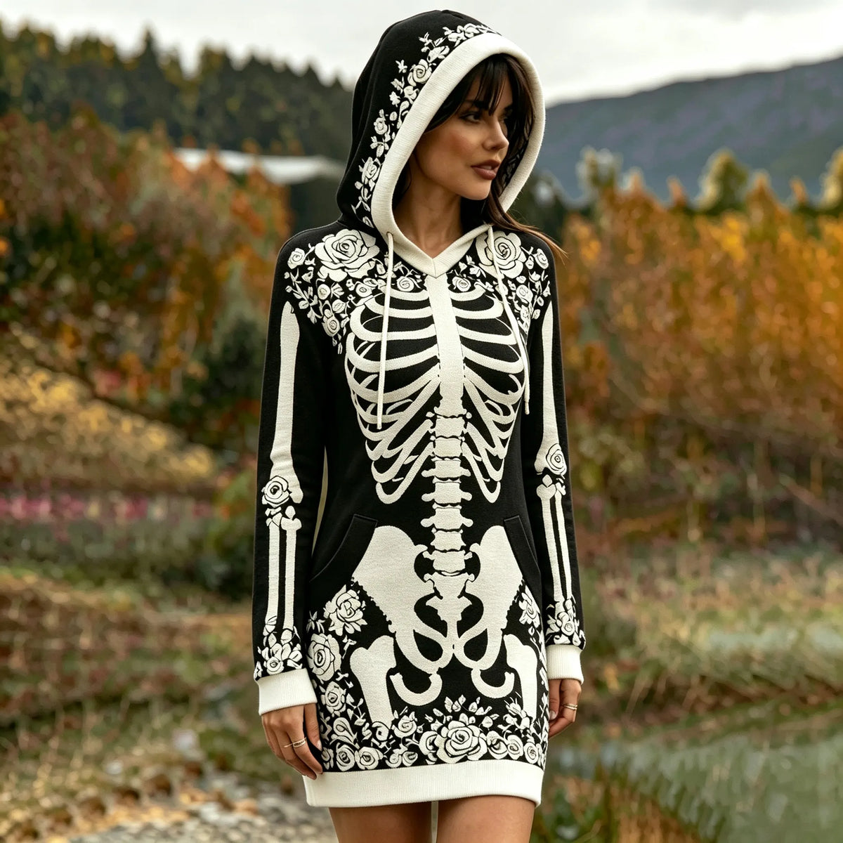 Women's Vintage Halloween Skeleton Bones With White Rose Art Hoodie Dress