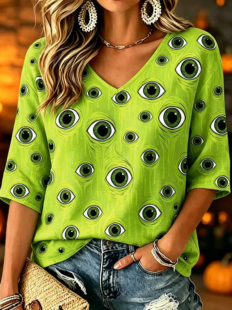 Women's Novelty Graphic V-neck Top - Creepy Green Eyeballs All-over Print Casual Tee