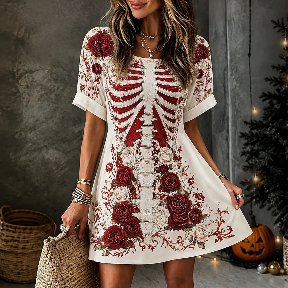 Women's Casual Short Sleeve Crew Neck Mini Dress With Gothic Anatomical Skeleton And Red Rose Floral Print