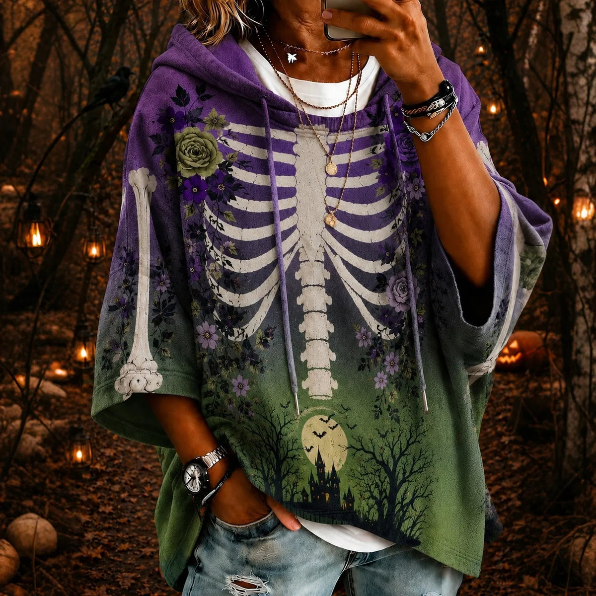 Women's Halloween Skeleton & Rose Gradient Art Print Casual Hoodie