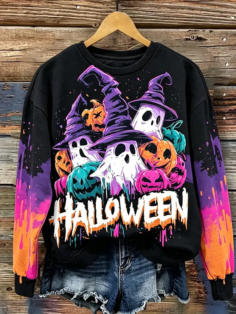 Women's Halloween Pattern Crew Neck Sweatshirt - Ghost And Witch Hat Pumpkin Print Pullover
