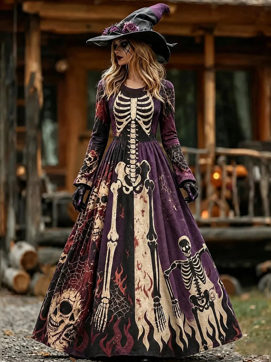 Women's Vintage Halloween Skeleton Print Crew Neck Long Sleeve Maxi Dress