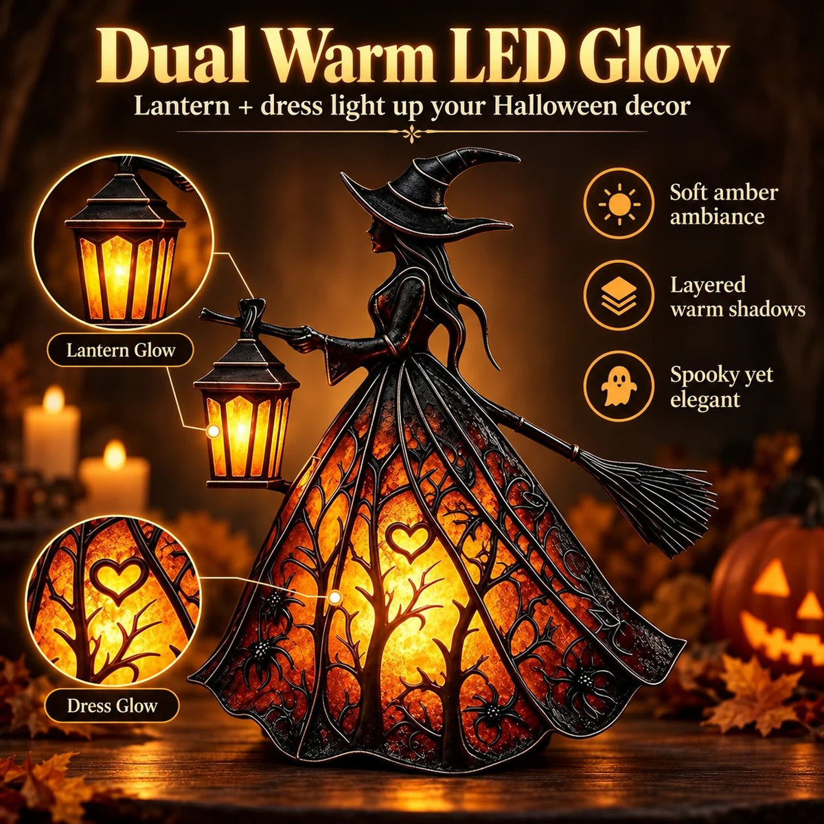 🧙‍♀️7-Inch Lighted Gothic Witch Lantern – Warm LED Halloween Figurine for Mantel, Shelf & Table Decor