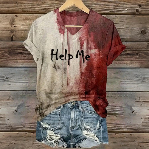 Women's Vintage Bloody Help Me Halloween Art Printed Short Sleeve T-shirt