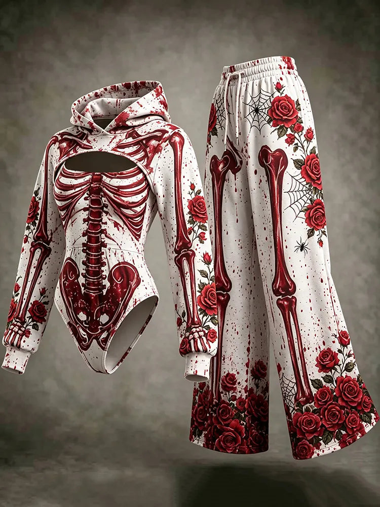Women's Retro Halloween Rose Skeleton Spider Web Print Set