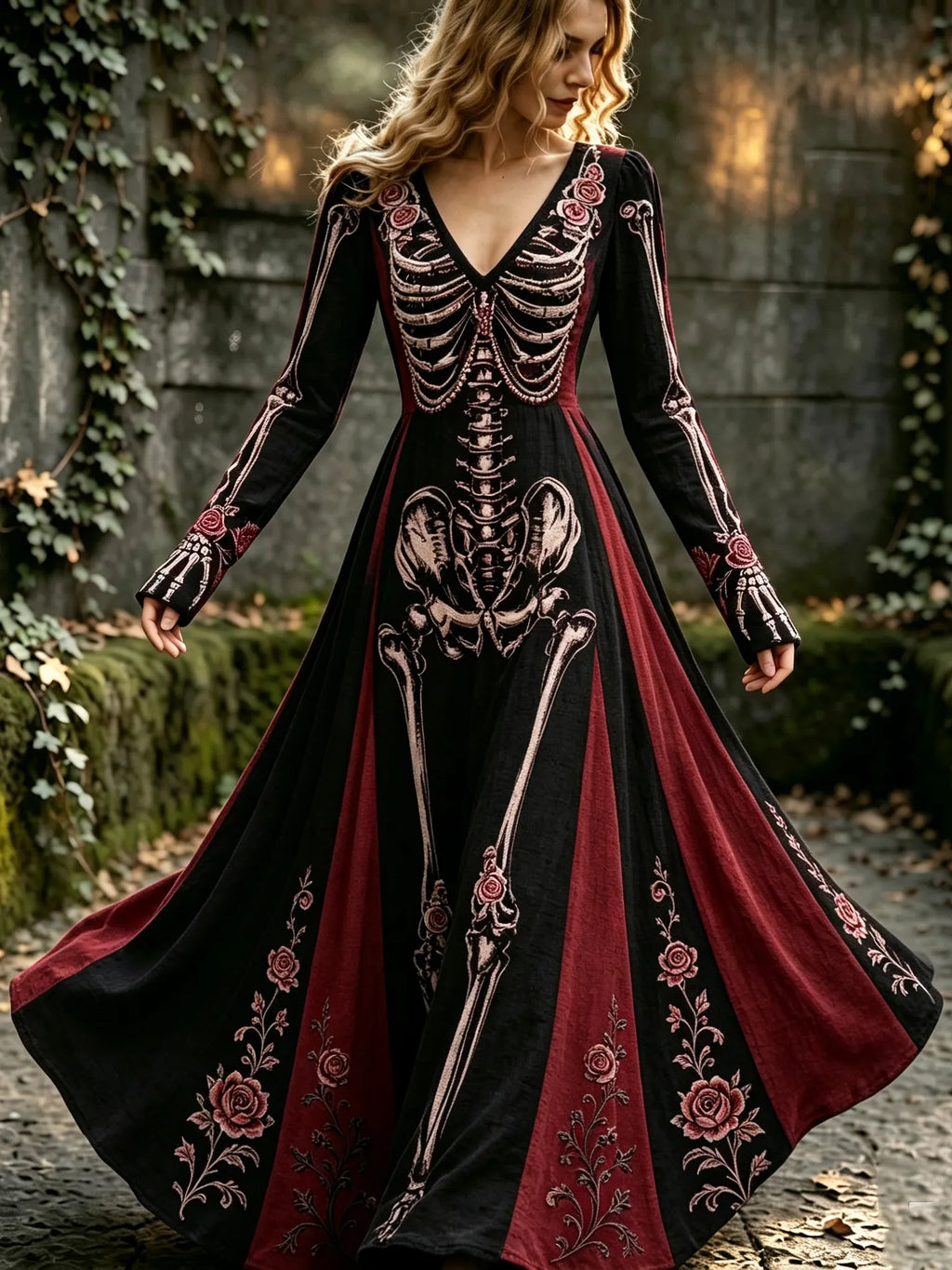 Women's Retro Halloween Human Structure And Rose Color-blocked V-neck Dress