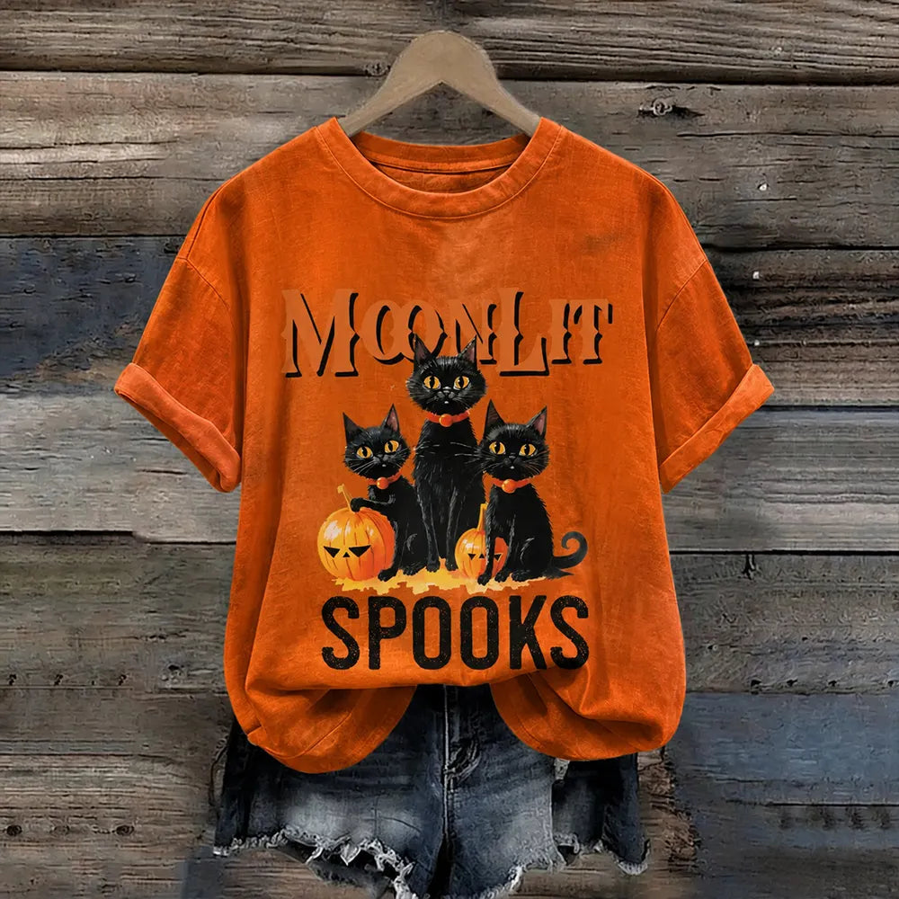 Women's Halloween Three Cats Under Moonlight Print Casual Crewneck Short Sleeve T-shirt