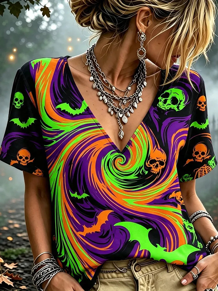 Women's V-neck Short-sleeve Top With Halloween Swirls, Skulls, And Bats Print