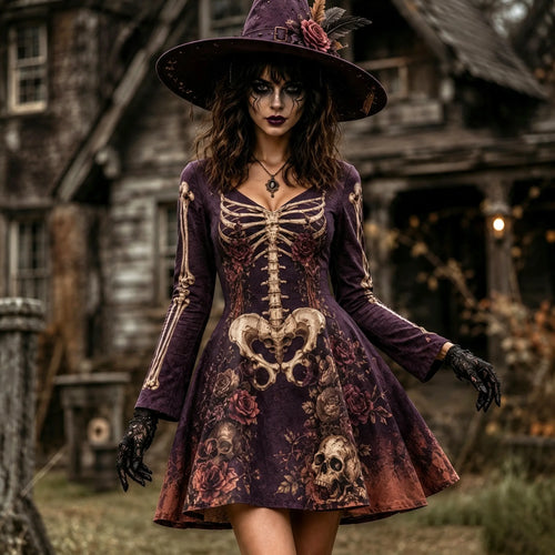 Women's Halloween Skull And Floral Gothic Patterns Art V Neck Mini Dress