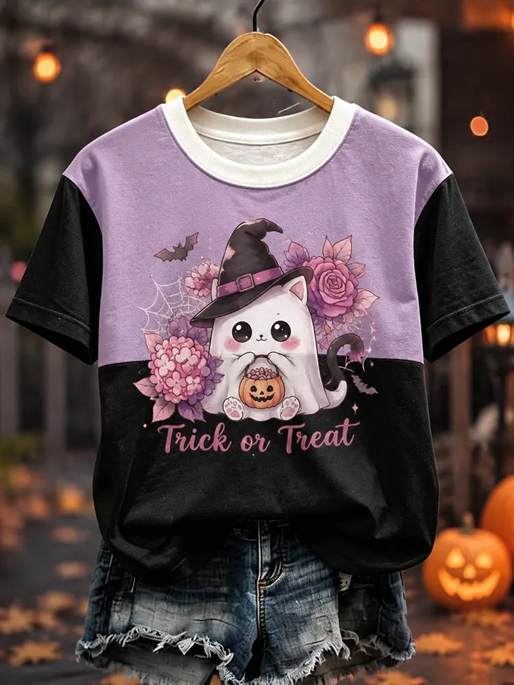 Unisex Purple And Black Colorblock Trick Or Treat Ghost Witch Cat Print Short Sleeve T-shirt