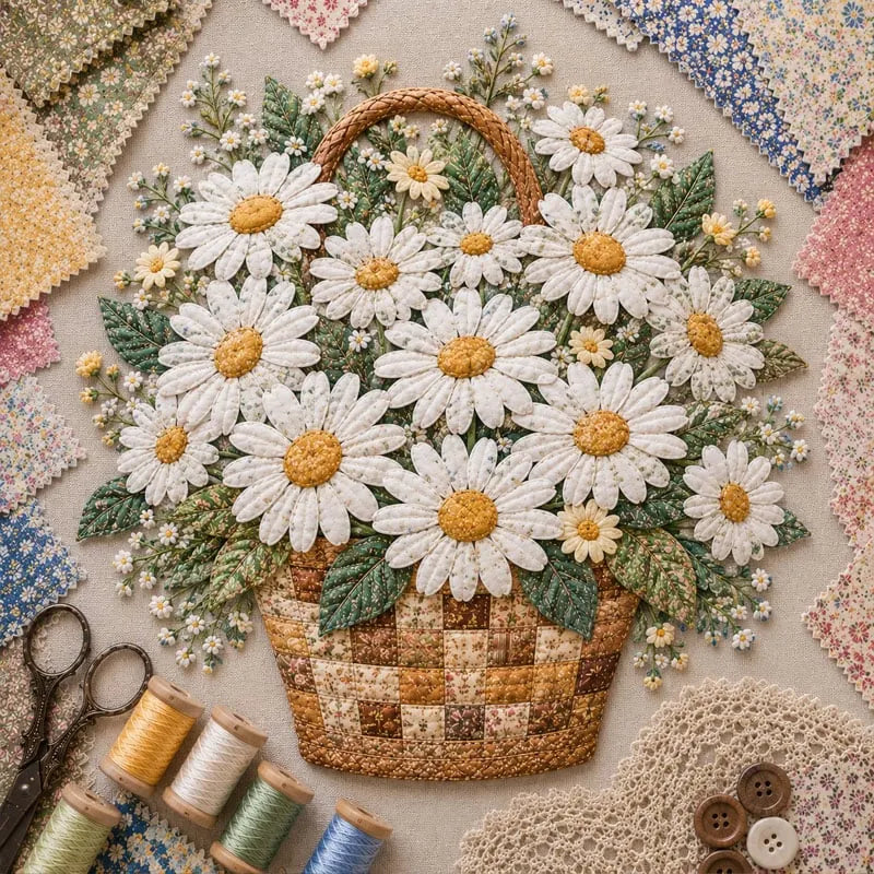 🌸🧵 Premium Floral Basket Patchwork DIY Kit | High-Quality Layered Fabric Bouquet with Raised Petals & Woven Basket Details ✨