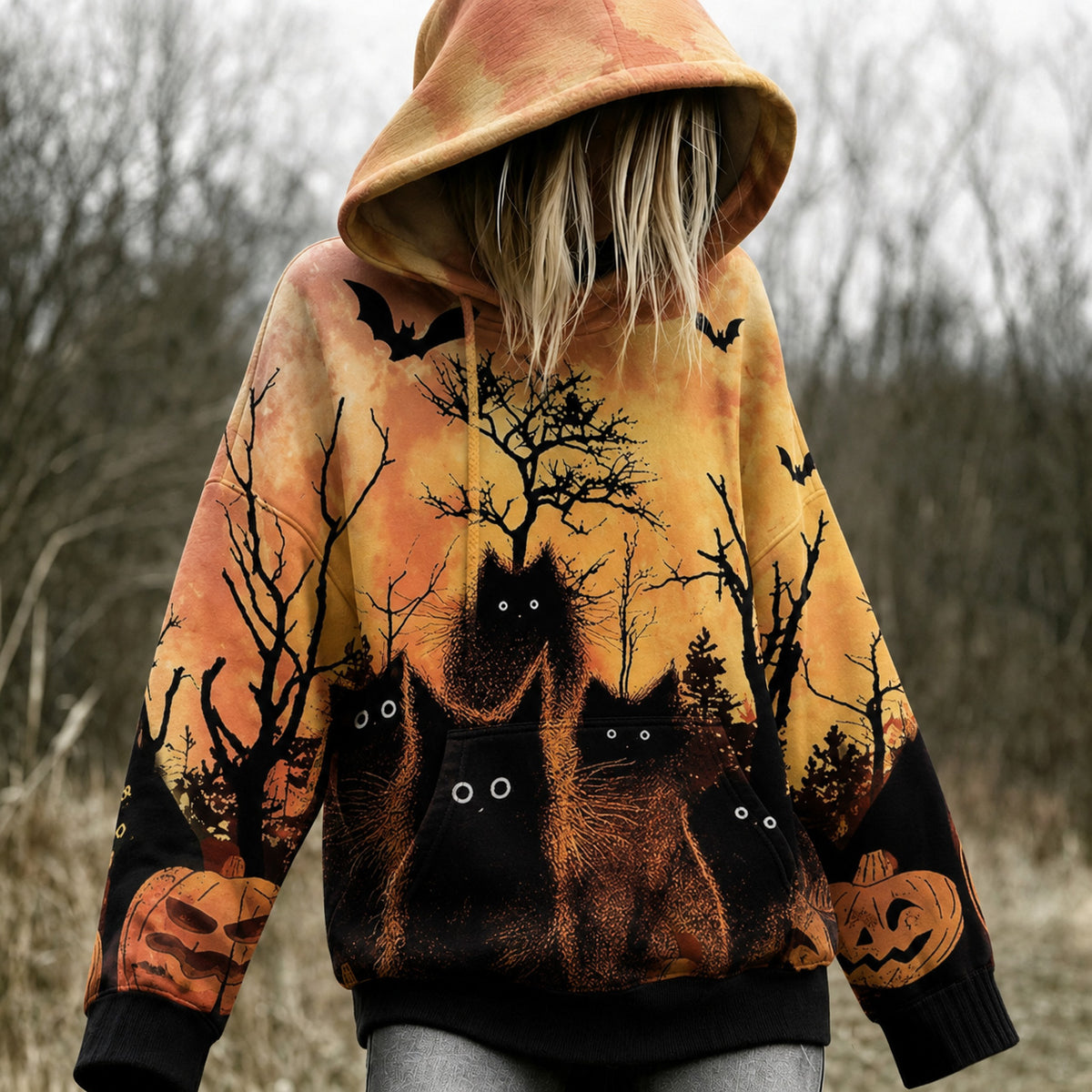 Women's Black Cat Halloween Design Hoodie