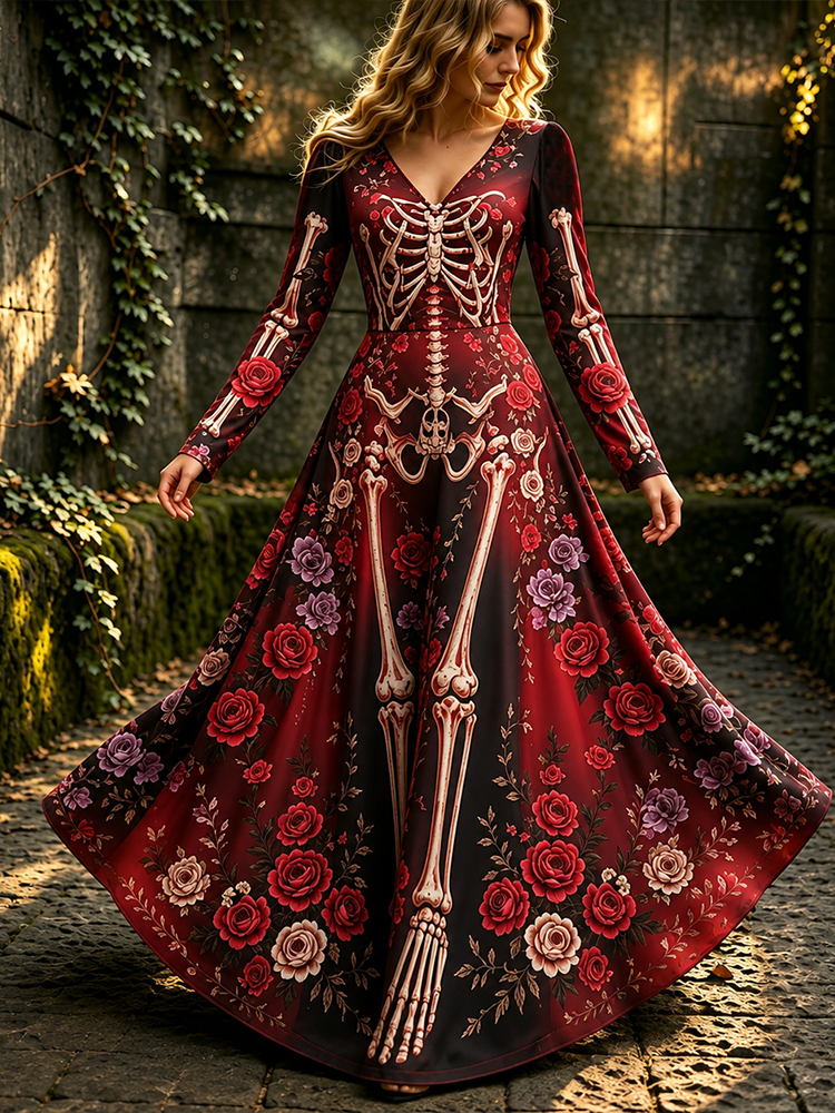 Women's Floral Skeleton Bone Print Maxi Dress - Dark Academia Style V-neck Gown