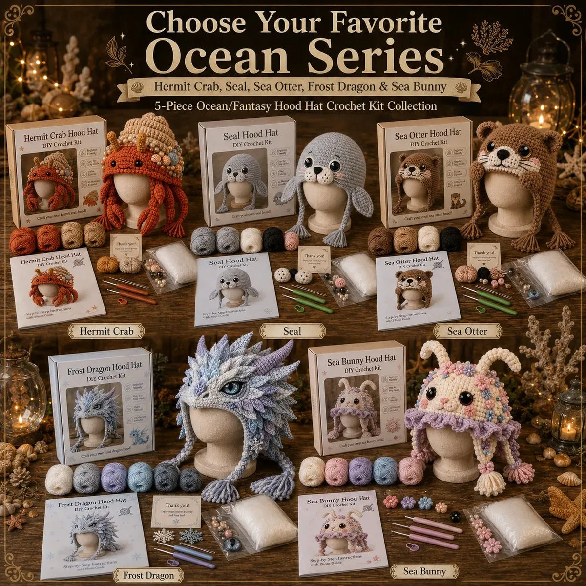 🔥 LAST DAY 49% OFF – 🌊✨ Ocean Series Hood Hat DIY Crochet Kit | Premium Soft Yarn Materials with Step-by-Step Guide DIY Handmade Wearable Ocean Character Hood 🧶🎭✨
