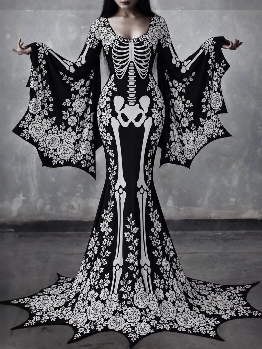 Women's Gothic Skeleton With White Roses Batwing Flare Sleeve Round Neck Bodycon Maxi Dress – Halloween Costume