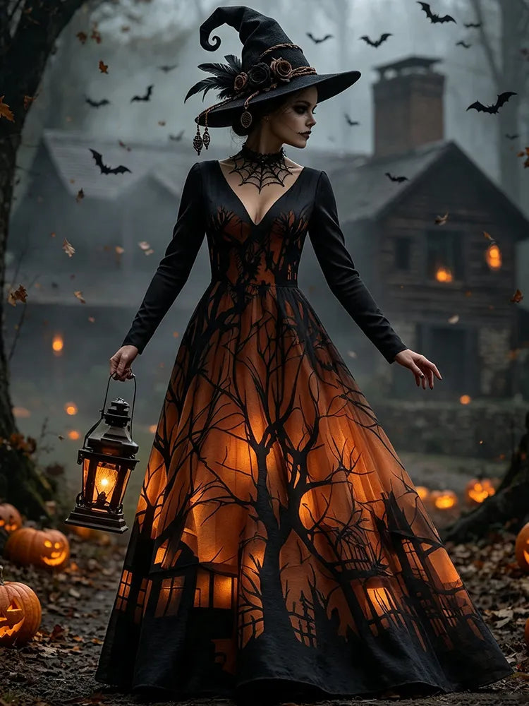 Women's Halloween Gradient Treehouse Print  V-neck Maxi Dress