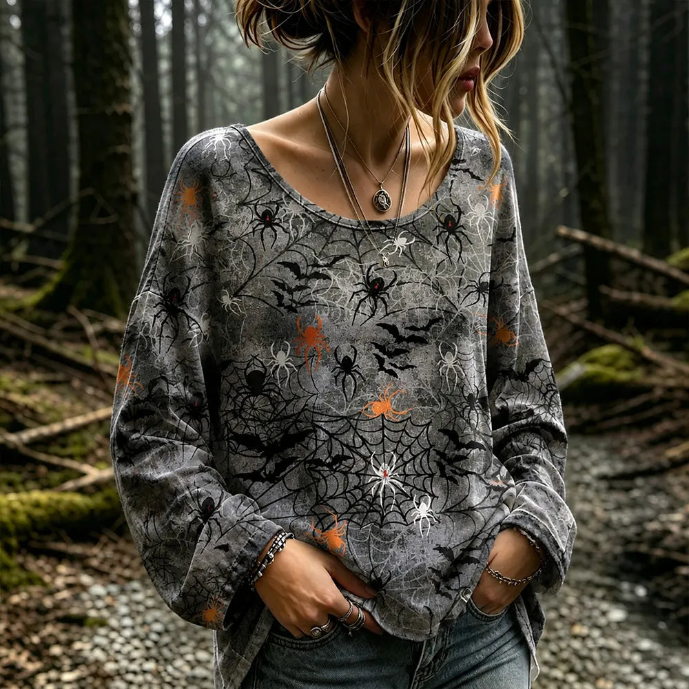 Women's Halloween Spider And Bat Art Print Cotton Linen Casual Crew Neck Long Sleeve Top
