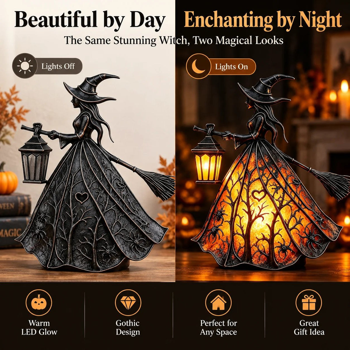 🧙‍♀️7-Inch Lighted Gothic Witch Lantern – Warm LED Halloween Figurine for Mantel, Shelf & Table Decor
