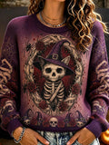 Women's Skeleton Cat In Witch Hat Graphic Knit Sweater - Purple Spooky Pattern