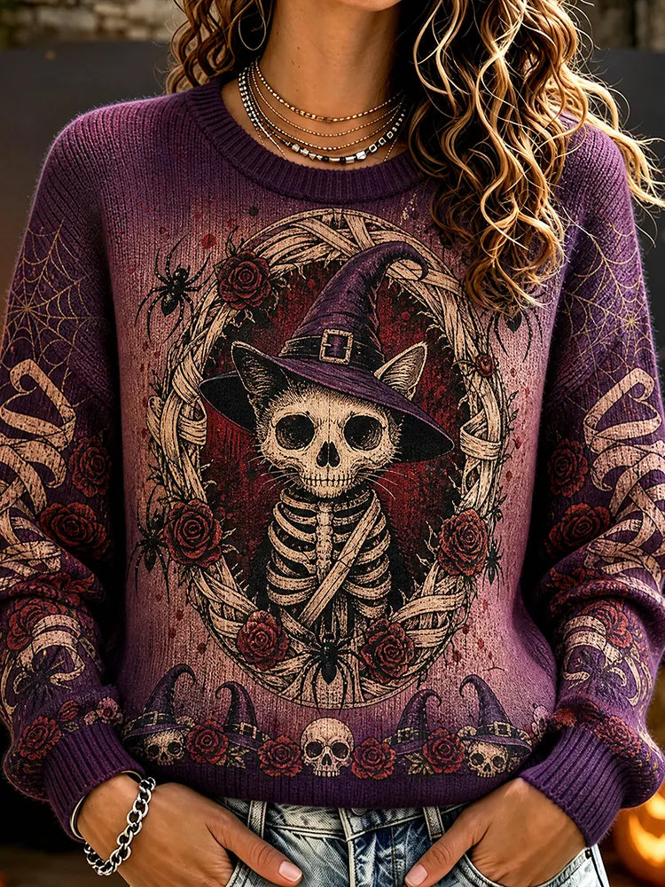 Women's Skeleton Cat In Witch Hat Graphic Knit Sweater - Purple Spooky Pattern