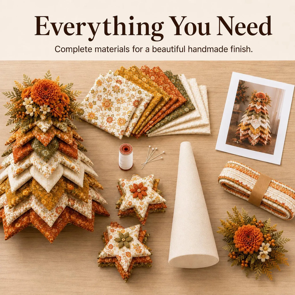 🍂 Beginner-Friendly DIY Fabric Patchwork Fall Tree Kit | Coordinated Autumn Fabrics, Cone Base, Securing Pins & Floral Topper Included 🌼✨
