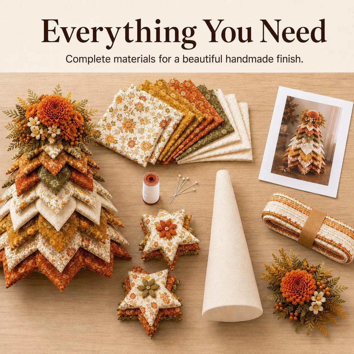 🍂 Beginner-Friendly DIY Fabric Patchwork Fall Tree Kit | Coordinated Autumn Fabrics, Cone Base, Securing Pins & Floral Topper Included 🌼✨