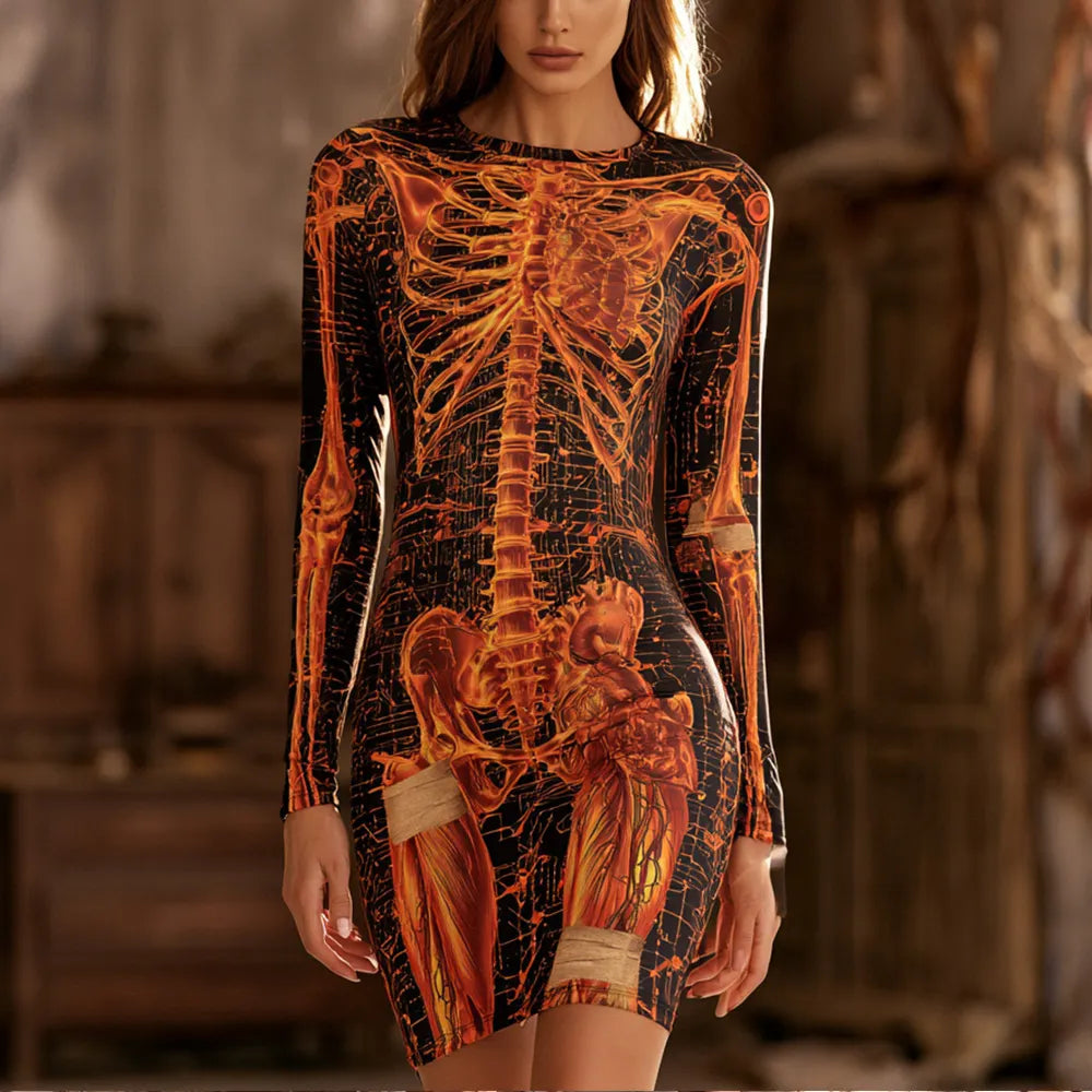 Women's Halloween Skeleton And Cyberpunk Art Slim Fit Long Sleeve Dress