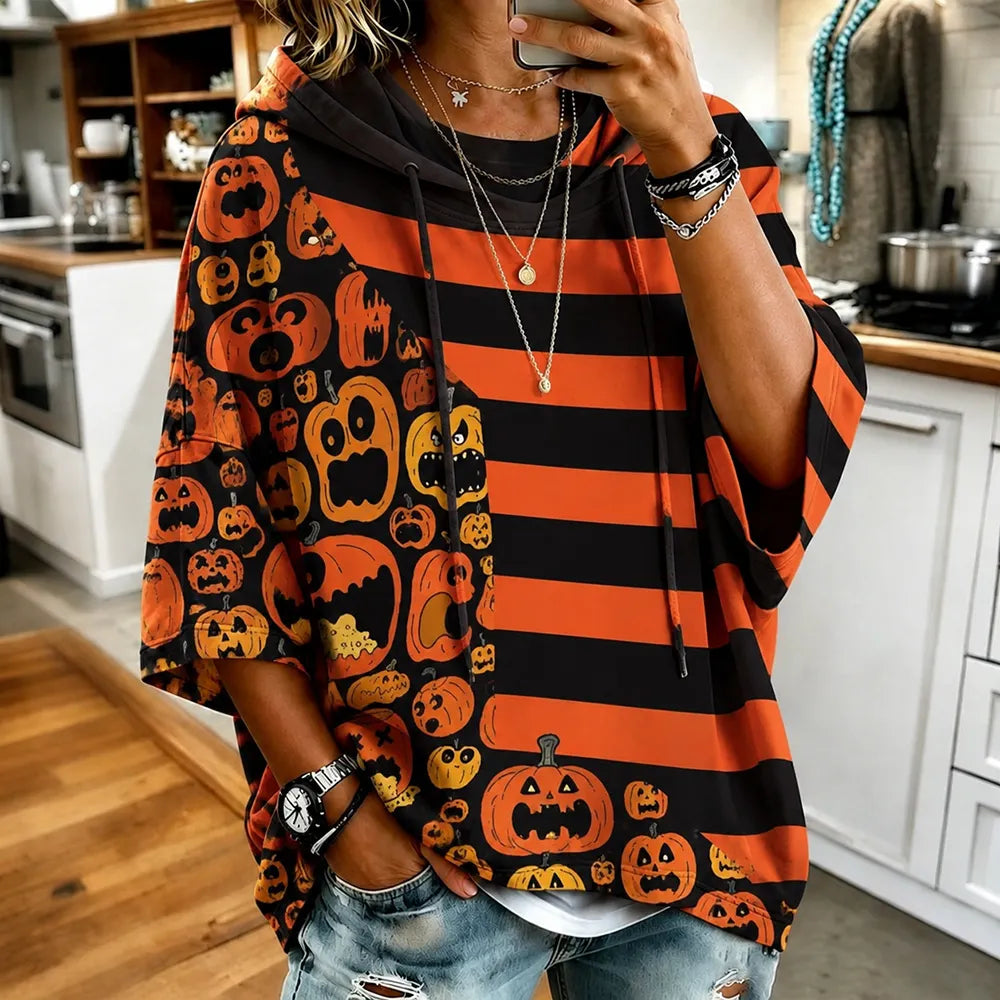 Women's Halloween Horror Pumpkin Face Color Block Striped Art Print Hoodie