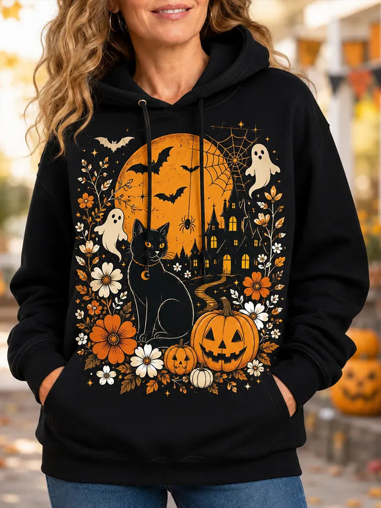 Women's Casual Hooded Sweatshirt In Black With Halloween Black Cat, Ghost, Pumpkin, Castle, And Floral Print