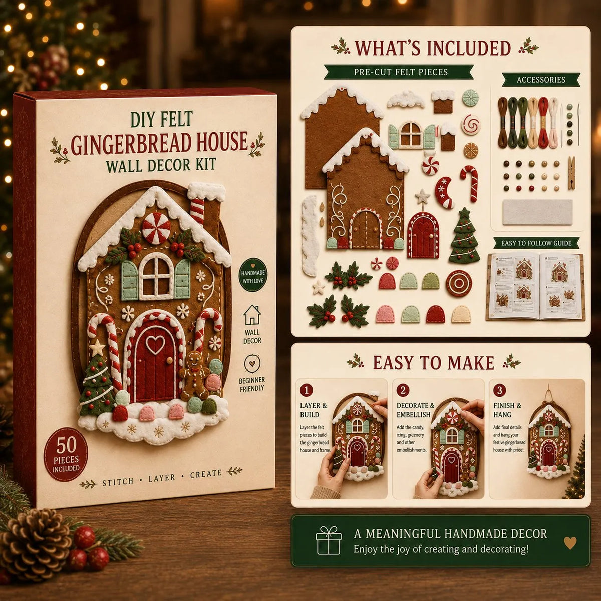 ⏳ Last Day 49% OFF – 🎅 Beginner-Friendly 52-Piece DIY Layered Felt Santa Wall Decor Kit | Complete Kit with All Tools & Step-by-Step Guide Included 💕
