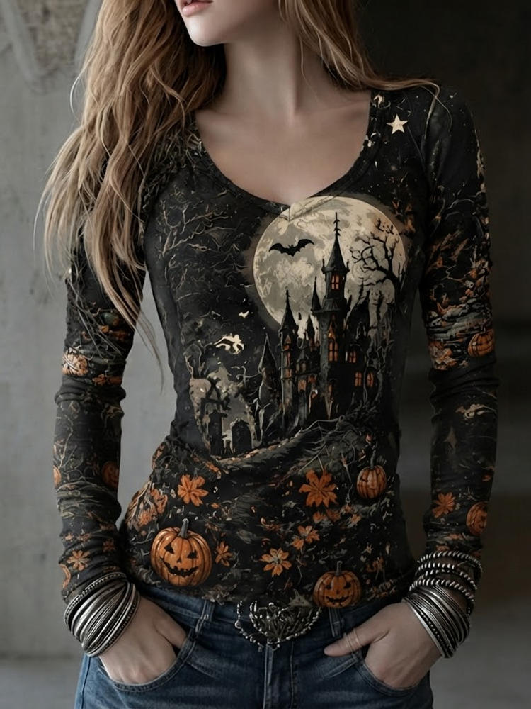 Women's Scoop Neck 3/4 Sleeve Halloween T-shirt With Haunted Castle, Full Moon, And Jack-o'-lantern Print