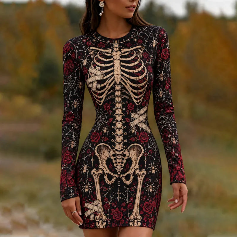 Girl's Halloween Rose Spiderweb Skeleton Lace-up Gothic Bodycon Dress
