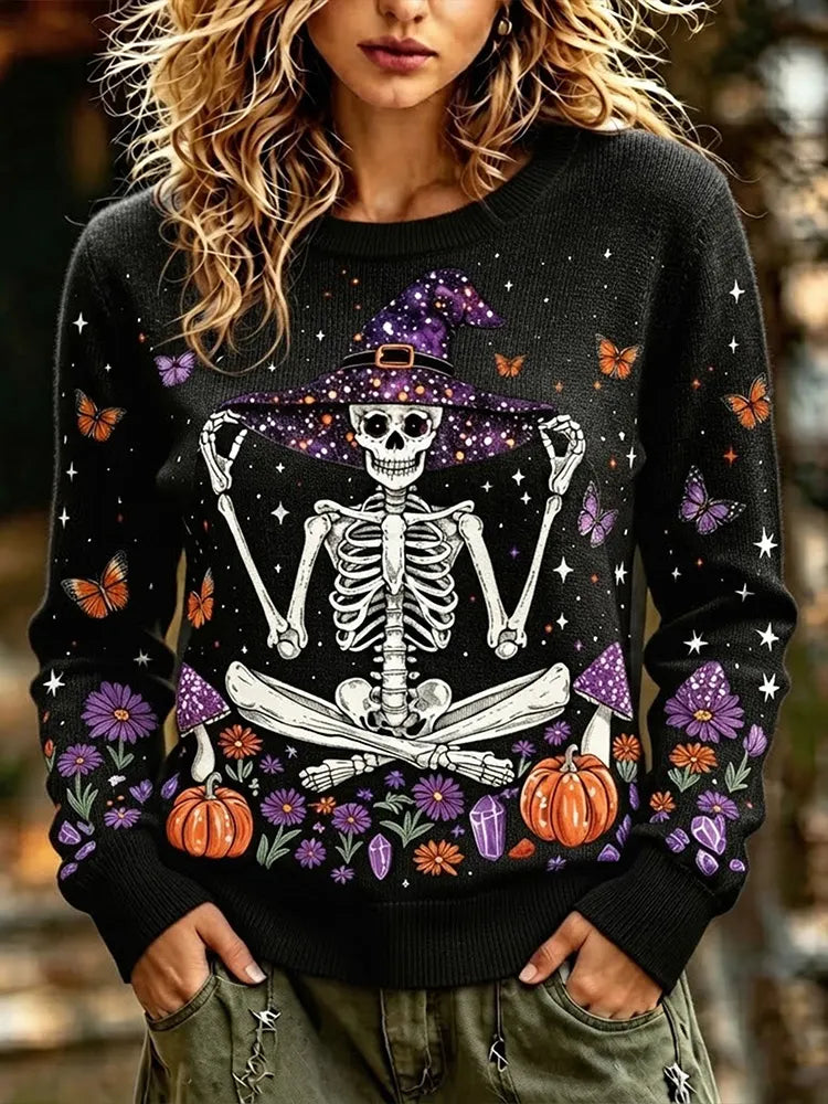 Vintage Witch Skull Halloween Weird Mushroom Butterfly Pumpkin Print Crew Neck Sweater