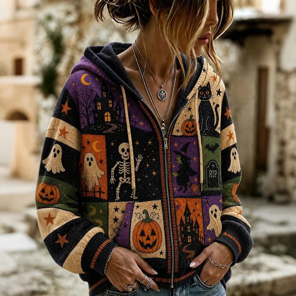 Women's Retro Halloween Ghost Skeleton Patchwork Zipper Hooded