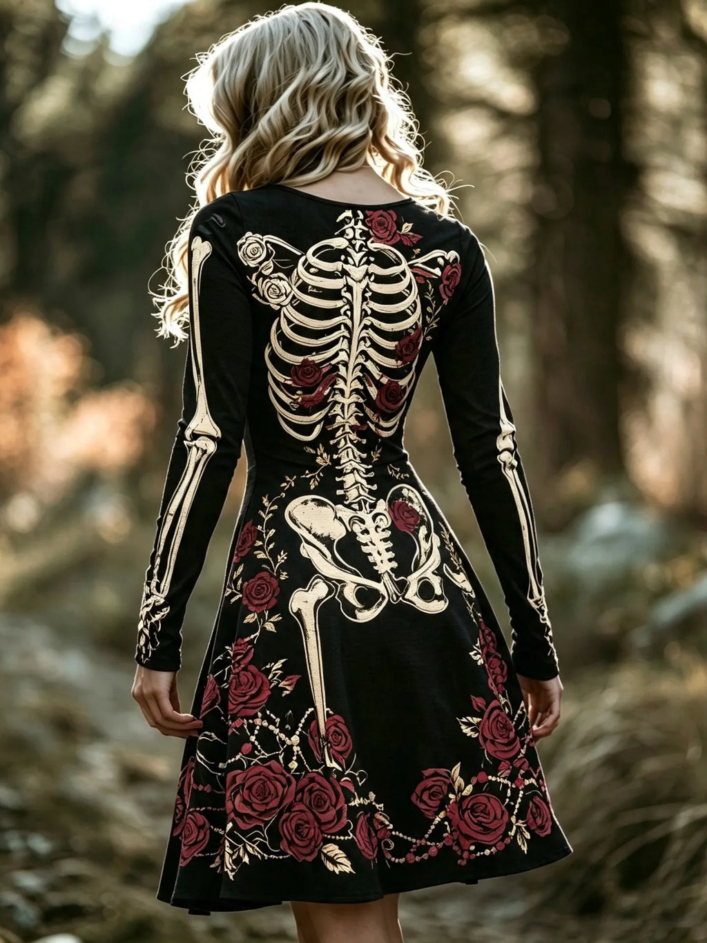 Women's Vintage Skeleton Roses Art Print V Neck Long Sleeve Midi Dress