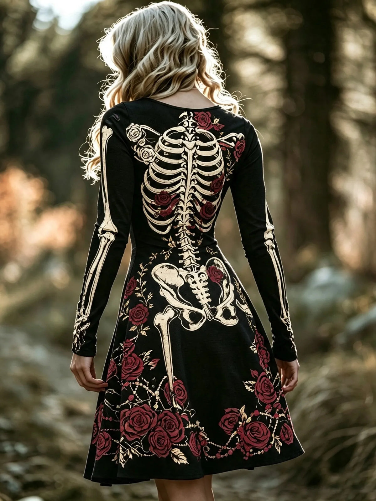 Women's Vintage Skeleton Roses Art Print V Neck Long Sleeve Midi Dress