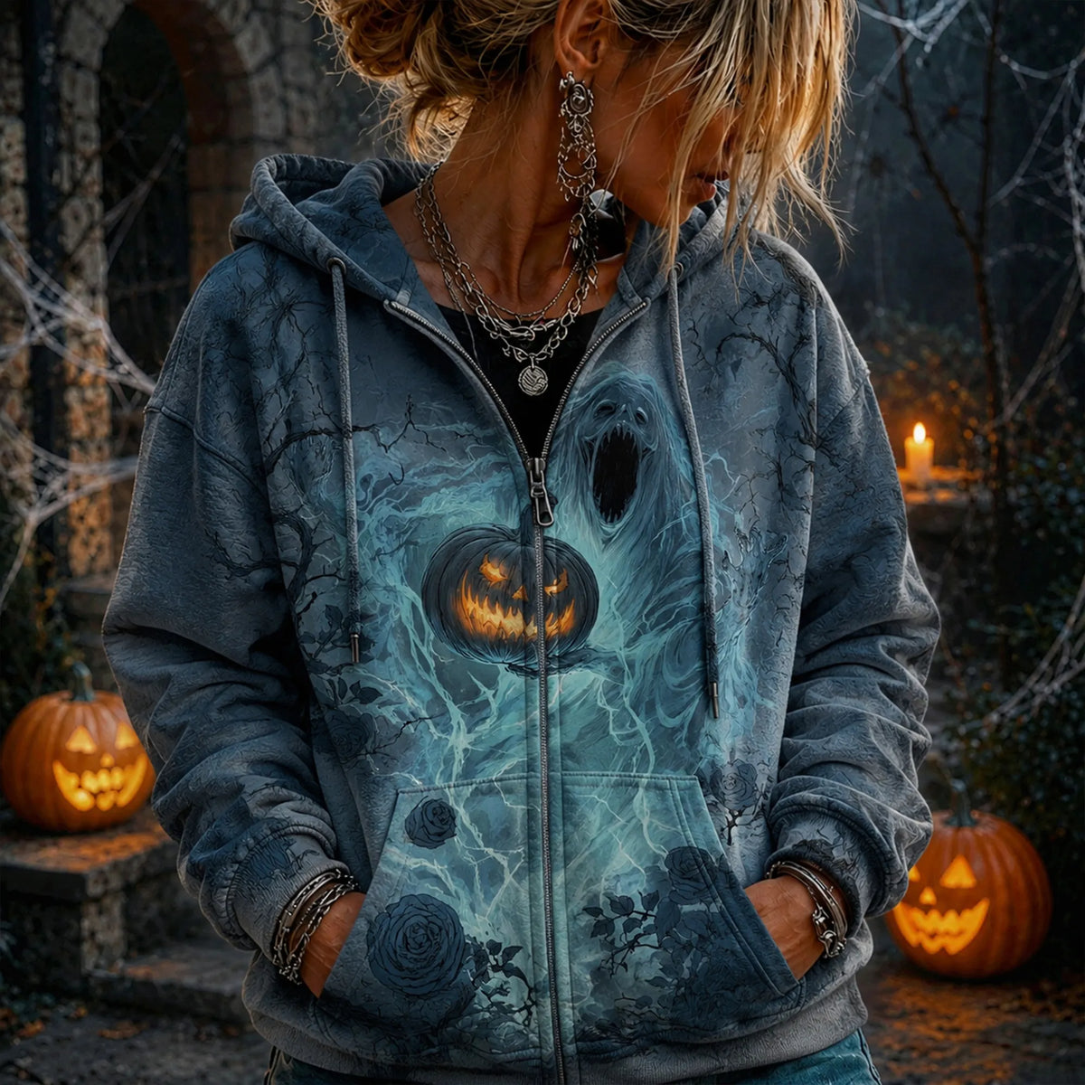Women's Retro Gothic Washed Halloween Ghost Pumpkin Lantern Deep Rose All-print Hooded Sweatshirt