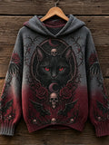 Women's Knit Hooded Sweater Featuring Cat Face, Skulls, Roses, And Crescent Moon