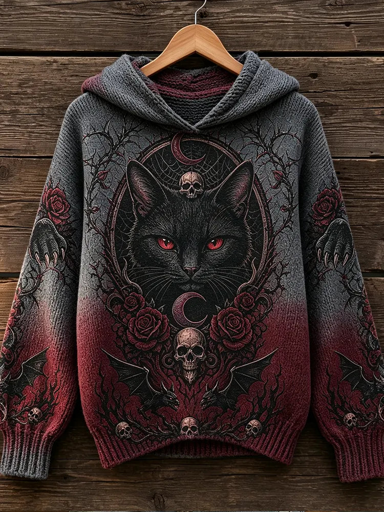 Women's Knit Hooded Sweater Featuring Cat Face, Skulls, Roses, And Crescent Moon