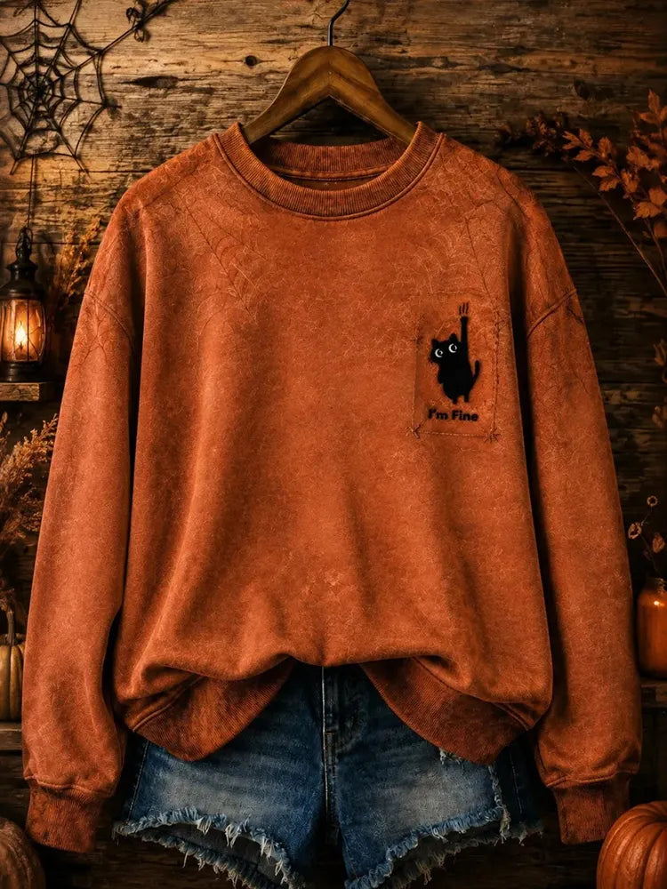 Women's Halloween Cute Cat "i'm Fine" Print Crew Neck Sweatshirt