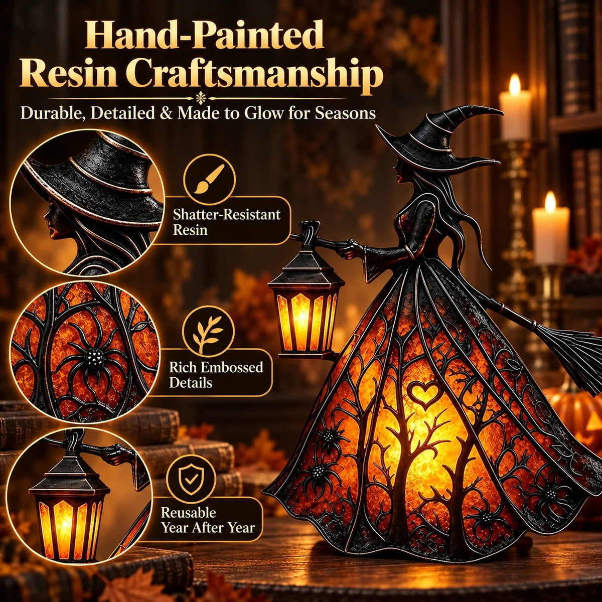 🧙‍♀️7-Inch Lighted Gothic Witch Lantern – Warm LED Halloween Figurine for Mantel, Shelf & Table Decor